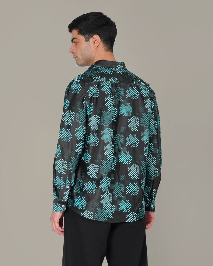 Teal Pixel Polyester Viscose Blend Button-Up Shirt