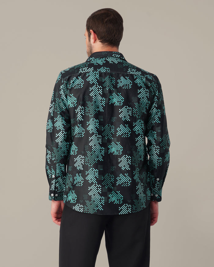 Teal Pixel Polyester Viscose Blend Button-Up Shirt