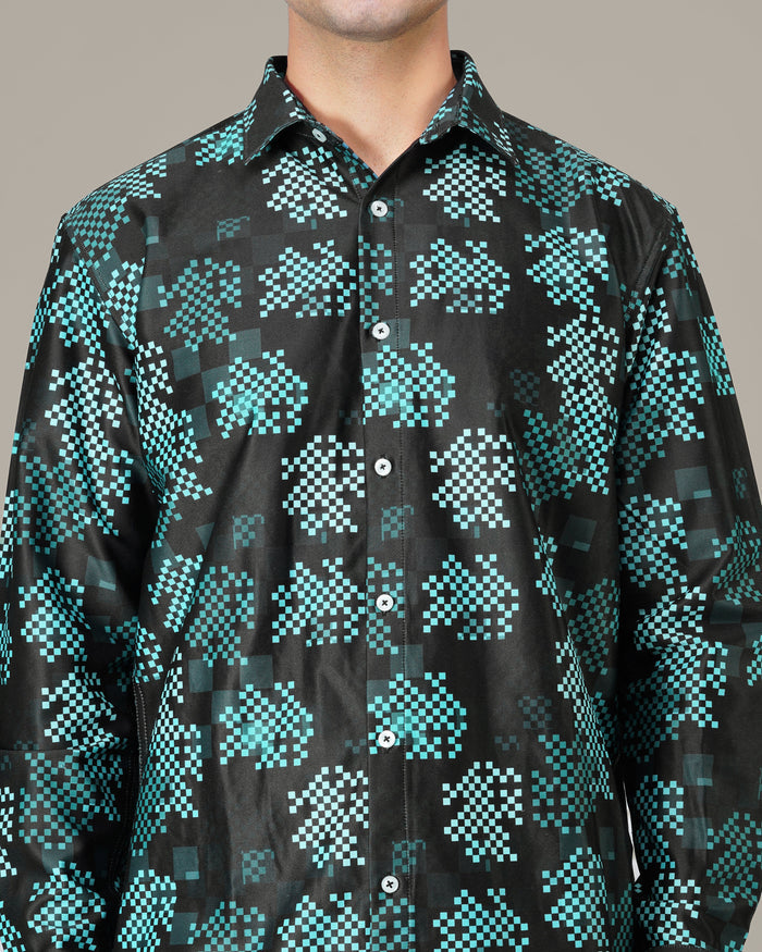Teal Pixel Polyester Viscose Blend Button-Up Shirt