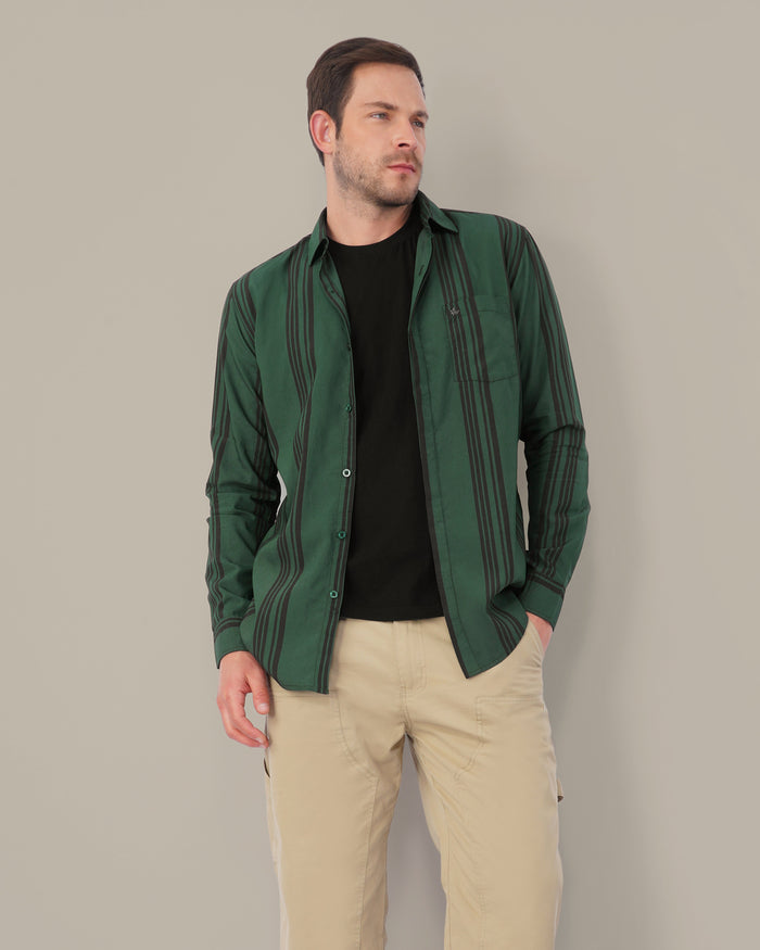 Teal Striped Viscose-Nylon Blend Button-Up Shirt