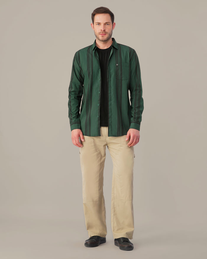 Teal Striped Viscose-Nylon Blend Button-Up Shirt