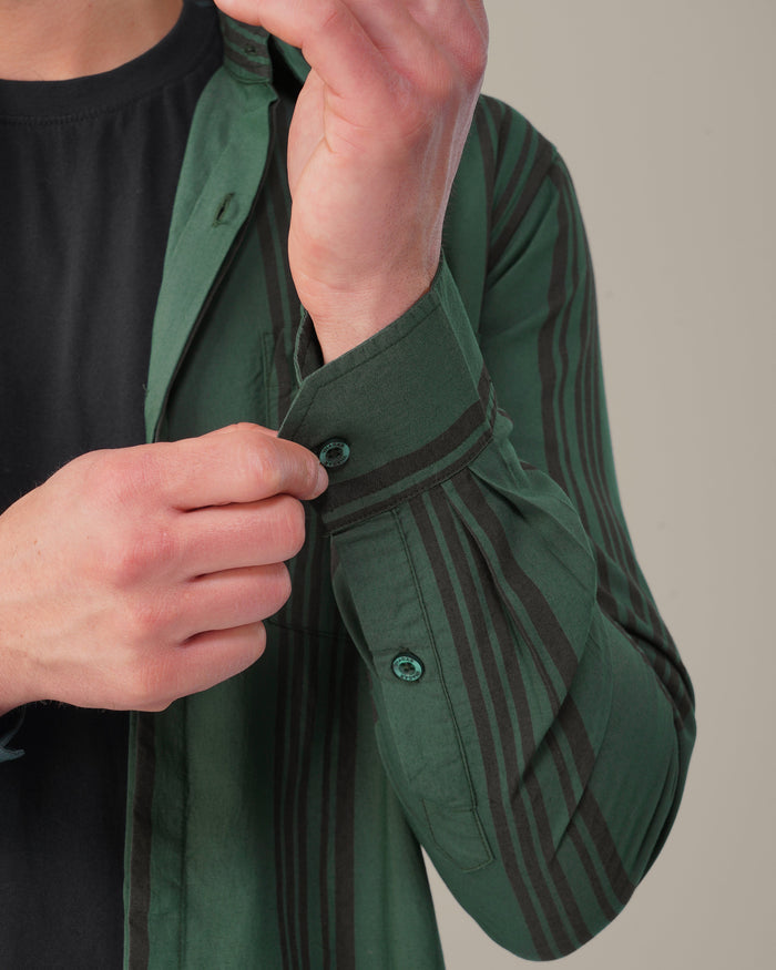 Teal Striped Viscose-Nylon Blend Button-Up Shirt