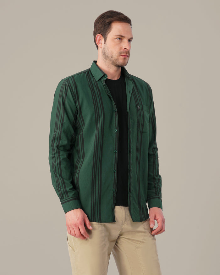 Teal Striped Viscose-Nylon Blend Button-Up Shirt
