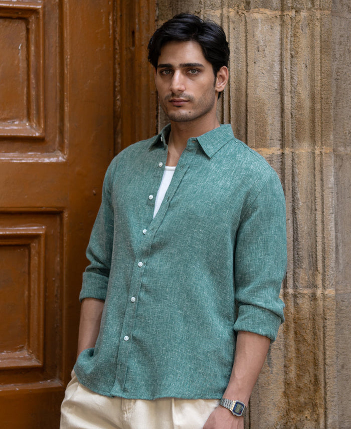 Teal Structured Linen Blend Shirt