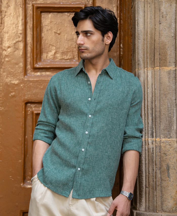 Teal Structured Linen Blend Shirt