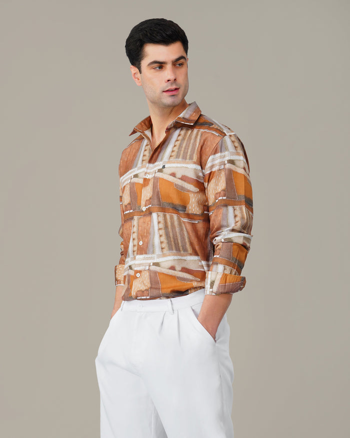 Terracotta Abstract Print Smooth Polyester Button-Up Shirt