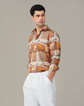Terracotta Abstract Print Smooth Polyester Button-Up Shirt