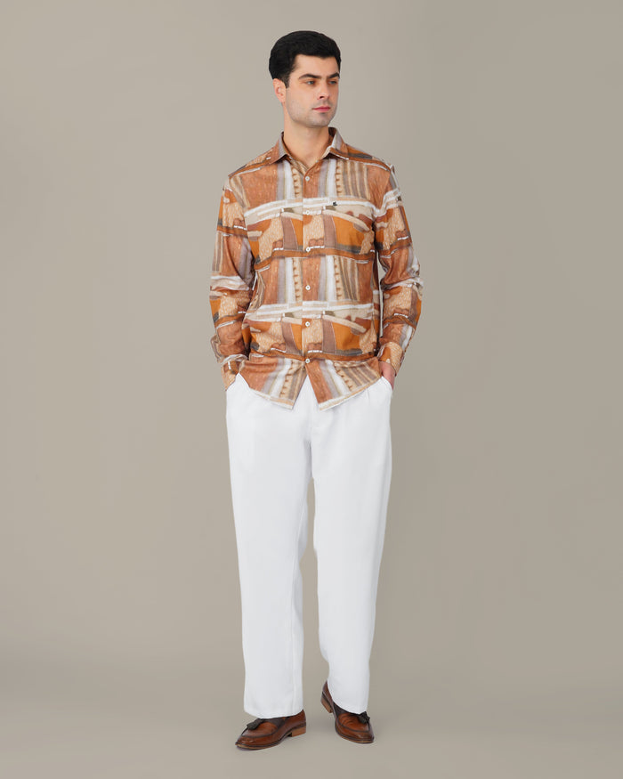 Terracotta Abstract Print Smooth Polyester Button-Up Shirt