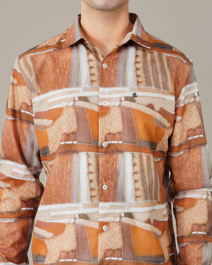 Terracotta Abstract Print Smooth Polyester Button-Up Shirt