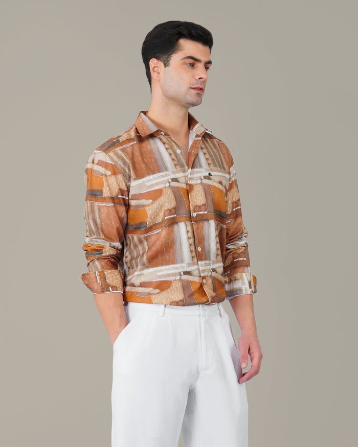 Terracotta Abstract Print Smooth Polyester Button-Up Shirt