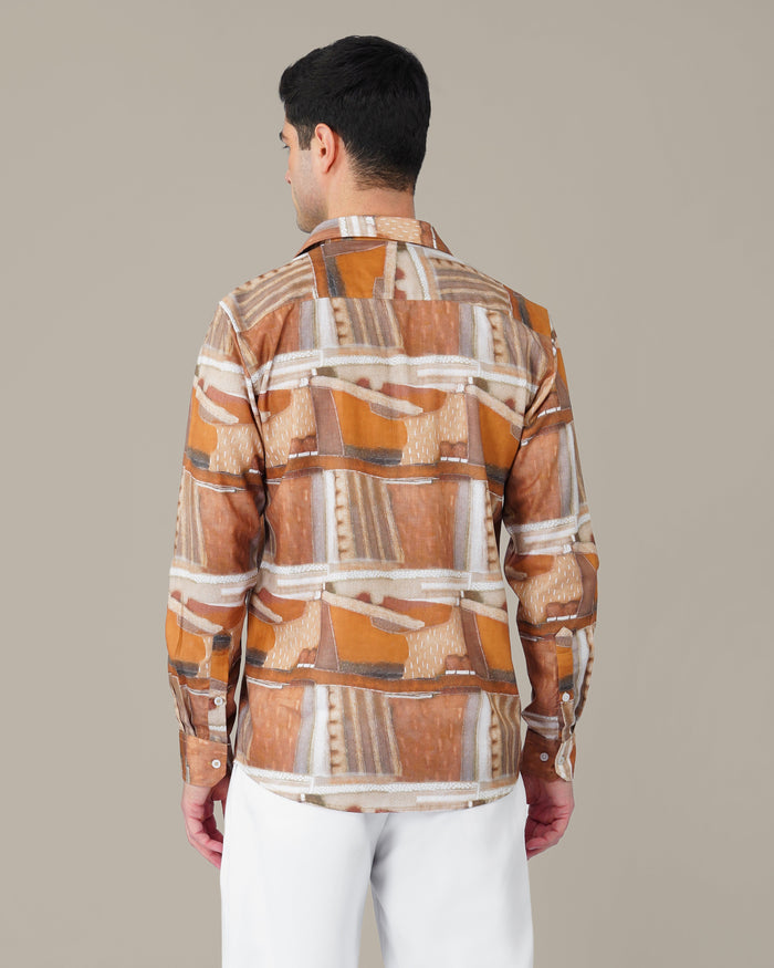 Terracotta Abstract Print Smooth Polyester Button-Up Shirt