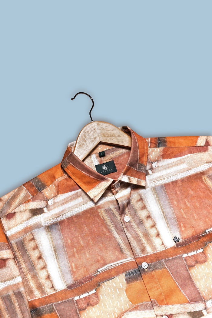 Terracotta Abstract Print Smooth Polyester Button-Up Shirt