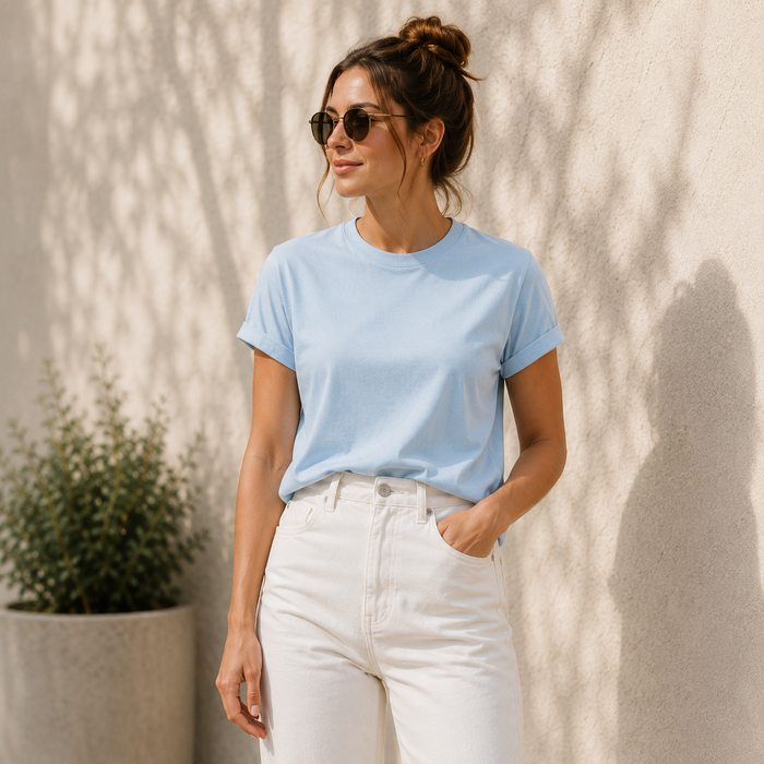 Woman wearing a light blue t-shirt and white pants standing against a beige wall.