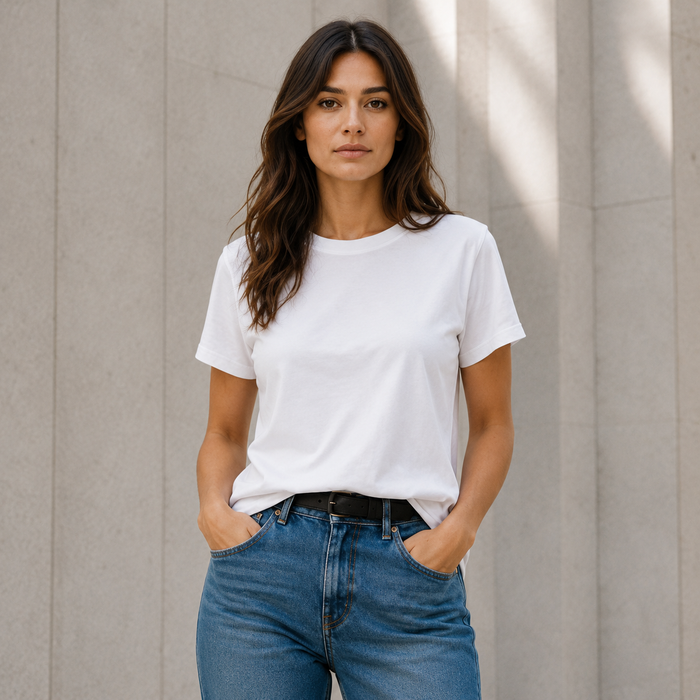 A woman wearing a solid white short-sleeve crewneck boyfriend cut  t-shirt and blue jeans, standing against a light gray concrete wall.