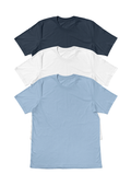 Three short-sleeve crewneck t-shirts stacked in a diagonal arrangement on a white background, shown in indigo, white, and light blue.