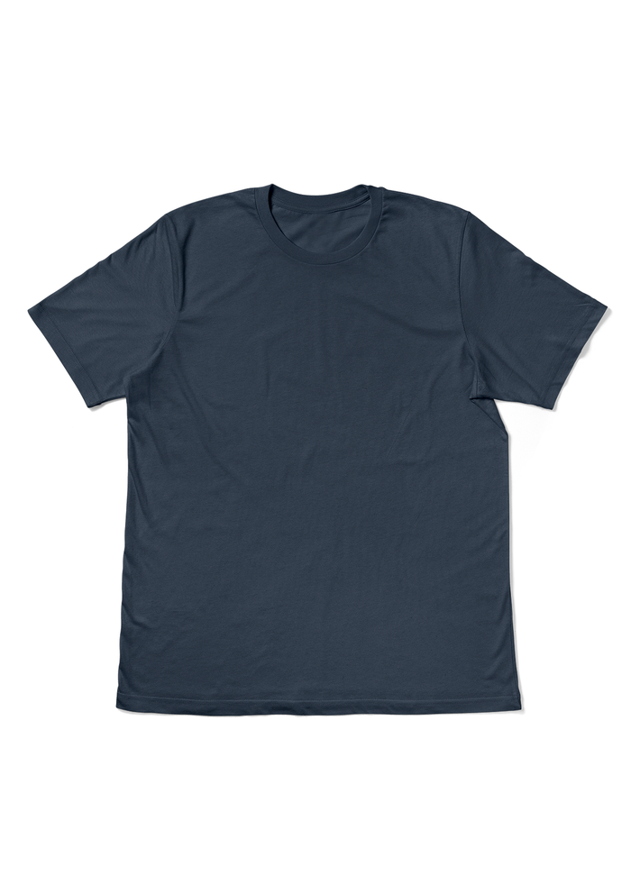 A indigo blue short-sleeve crewneck t-shirt laid flat against a solid white background.