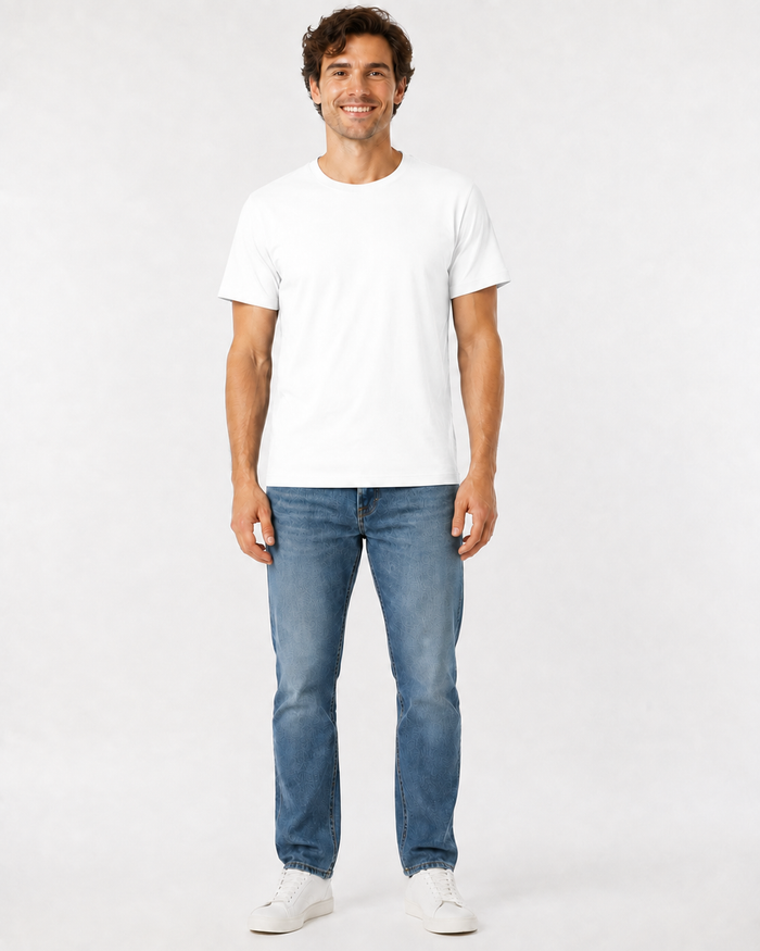 men's white t-shirt and blue jeans and whtite sneakers on a white background