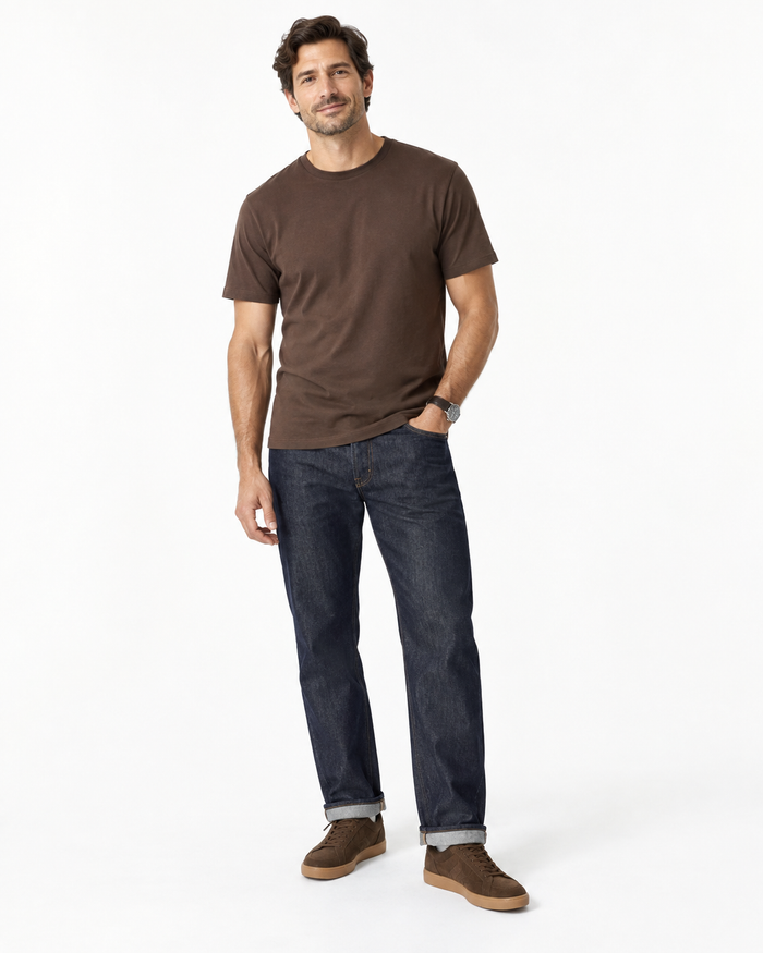 mens-espresso-brown-t-shirt-with-denim-pants-lifestyle-image