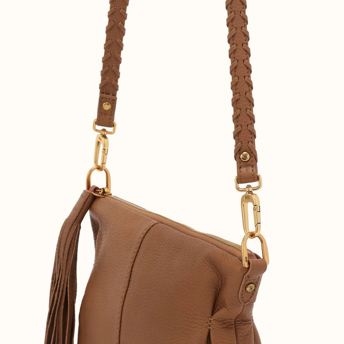 Thin Braided Strap In Pebbled Leather - Timber Brown