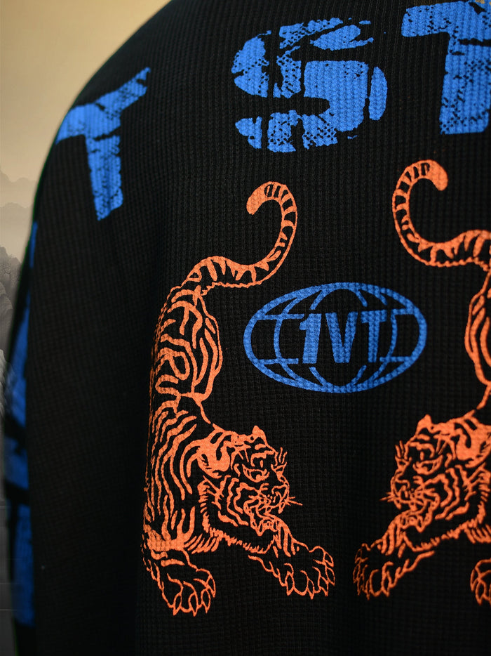 TWIN TIGERS WAFFLE BLACK T-SHIRT