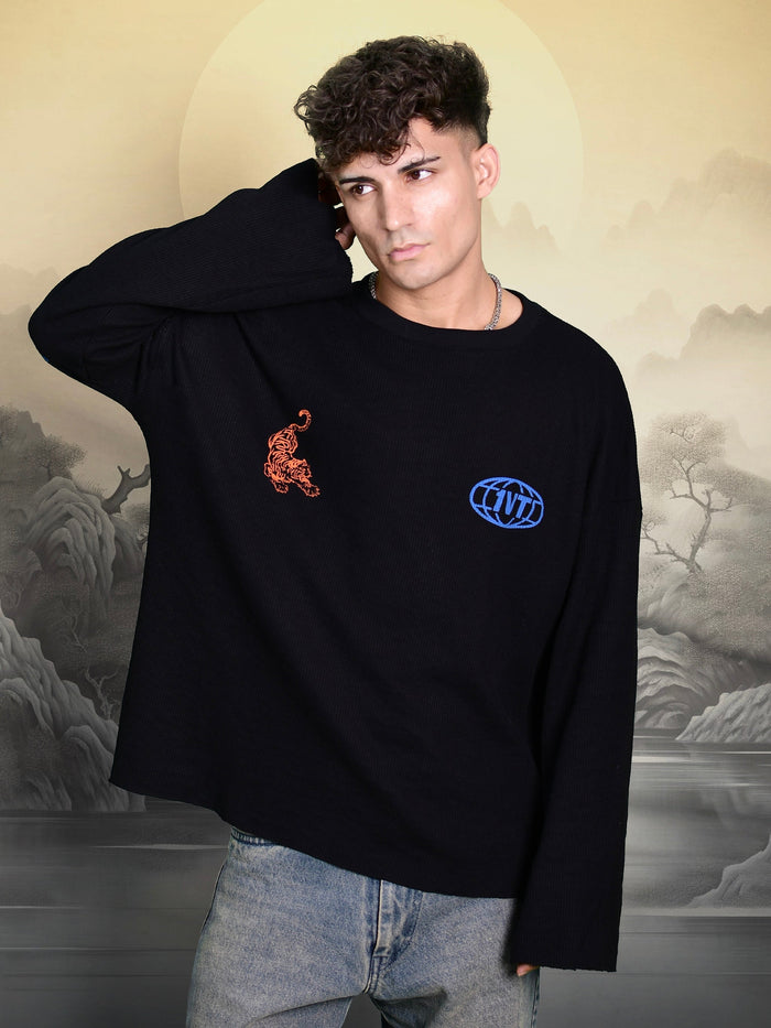TWIN TIGERS WAFFLE BLACK T-SHIRT