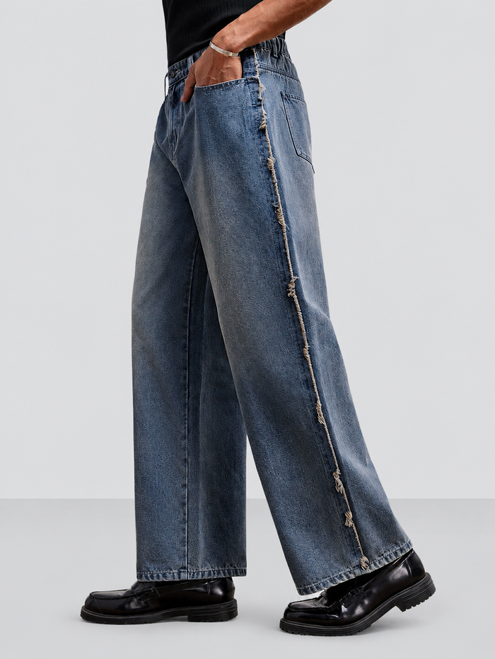 Unfinished Blue Wash Straight Fit Jeans