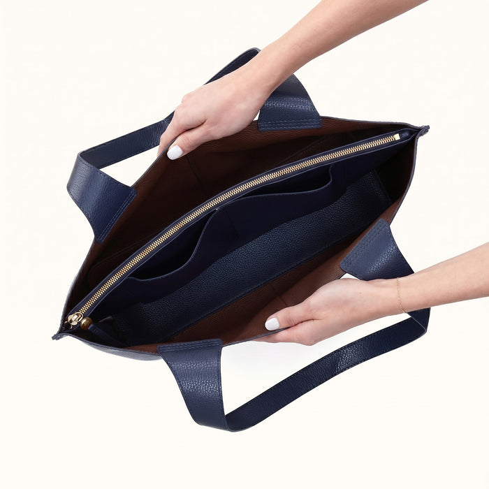 Vida Large Tote In Micro Pebbled Leather - Mood Indigo