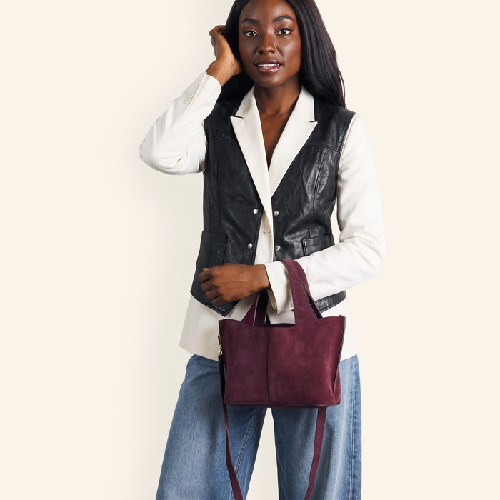 Vida Small Tote In Suede Leather - Port
