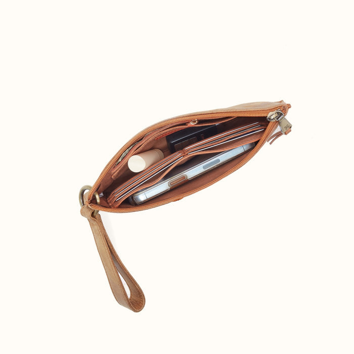 Vida Wristlet in Buffed Leather - Whiskey