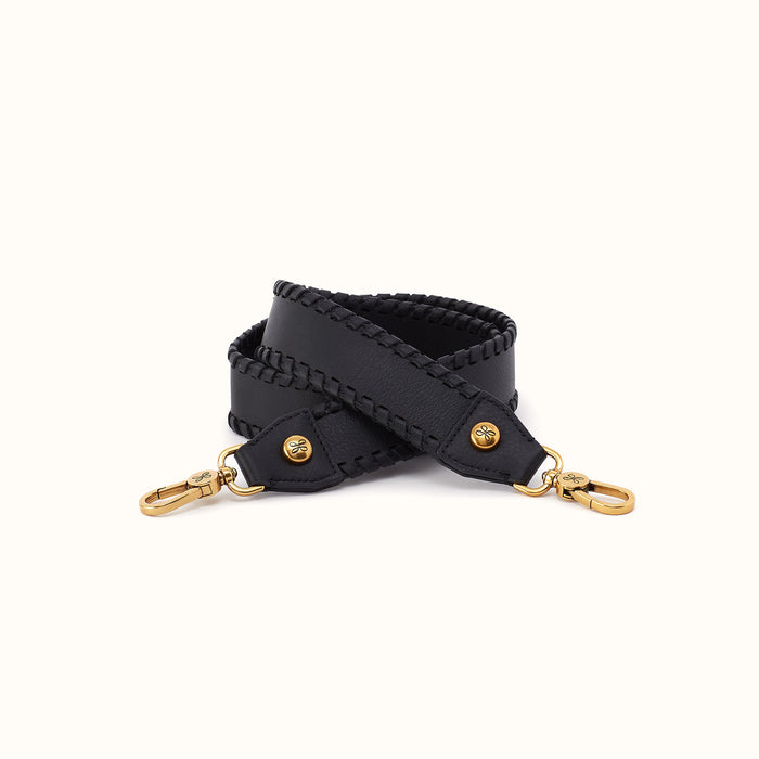 Whipstitch Guitar Strap In Pebbled Leather - Black