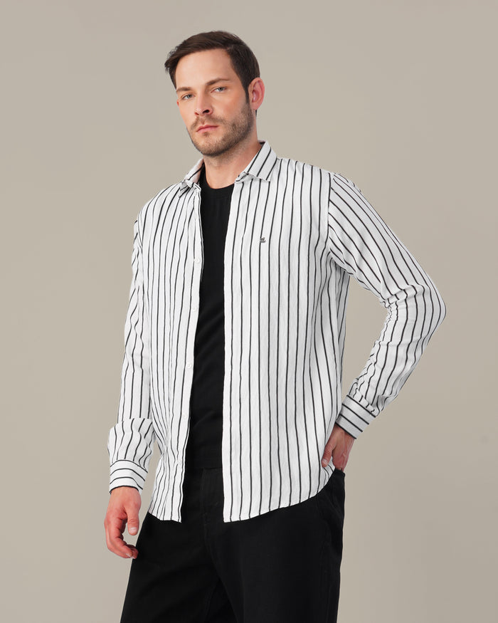 White and Black Striped Viscose-Nylon Blend Button-Up Shirt
