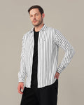 White and Black Striped Viscose-Nylon Blend Button-Up Shirt
