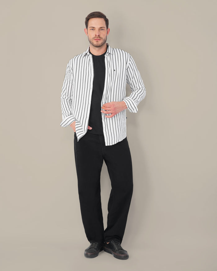 White and Black Striped Viscose-Nylon Blend Button-Up Shirt