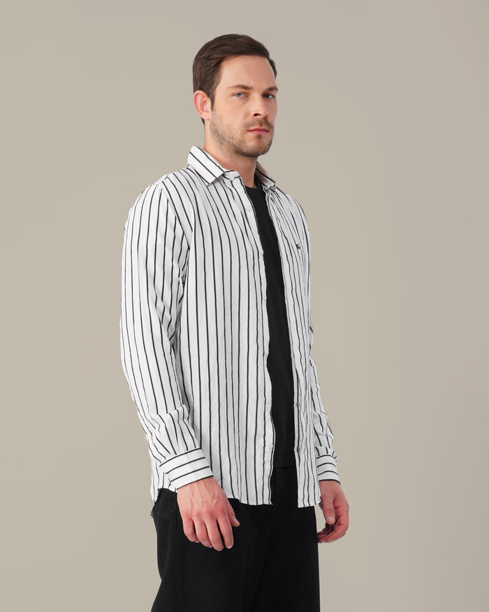 White and Black Striped Viscose-Nylon Blend Button-Up Shirt