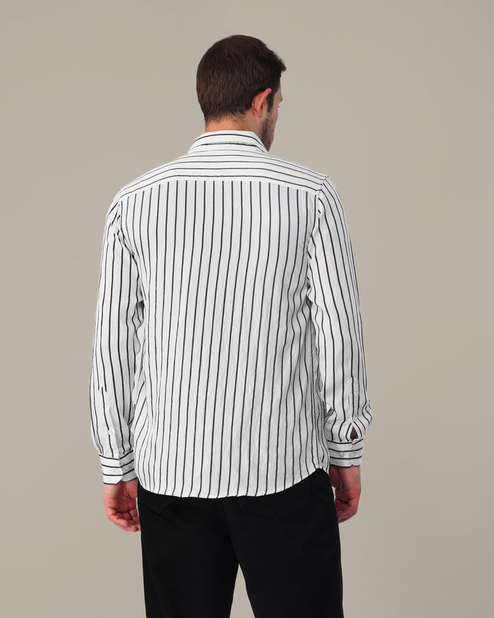 White and Black Striped Viscose-Nylon Blend Button-Up Shirt