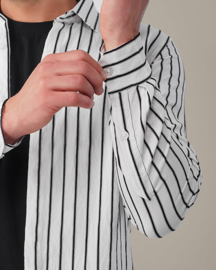 White and Black Striped Viscose-Nylon Blend Button-Up Shirt