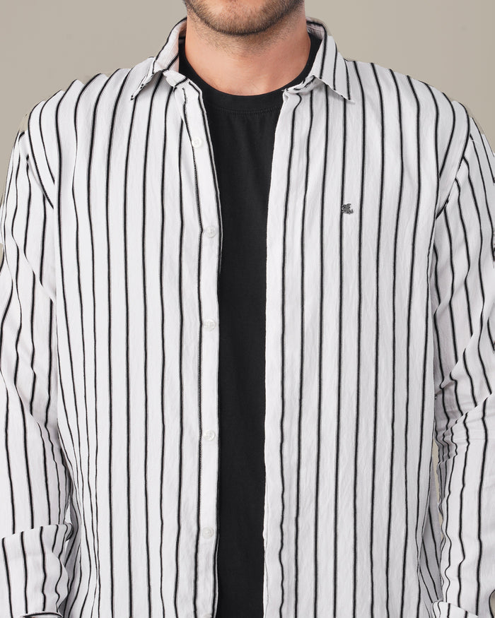 White and Black Striped Viscose-Nylon Blend Button-Up Shirt