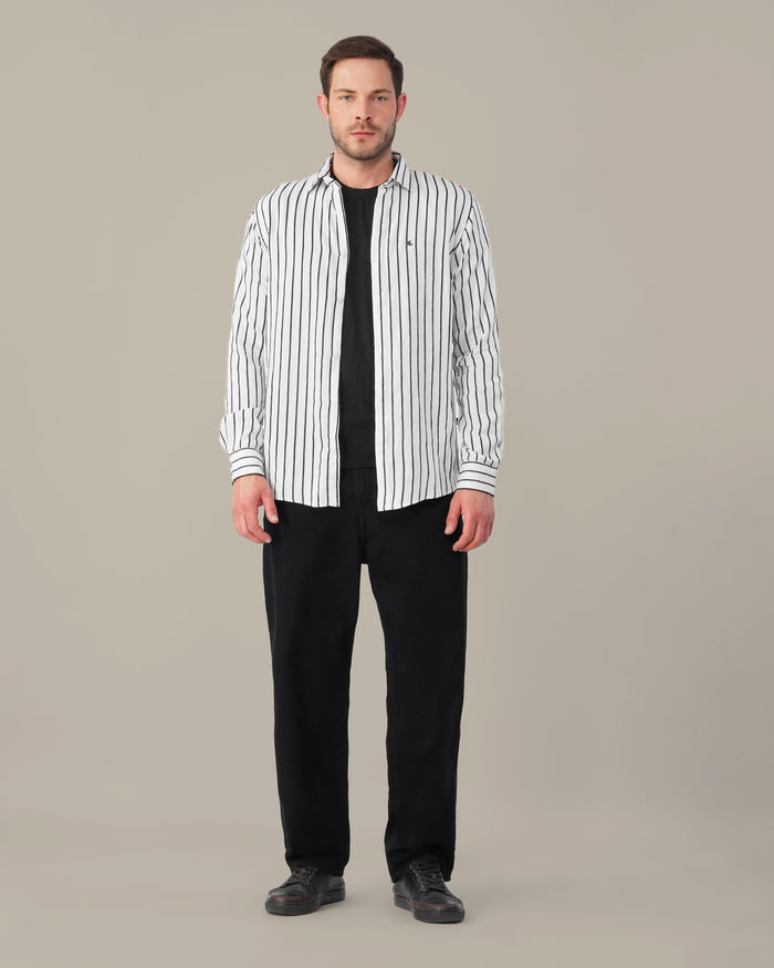 White and Black Striped Viscose-Nylon Blend Button-Up Shirt