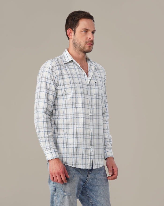 White and Light Blue Plaid 100% Cotton Slub Shirt