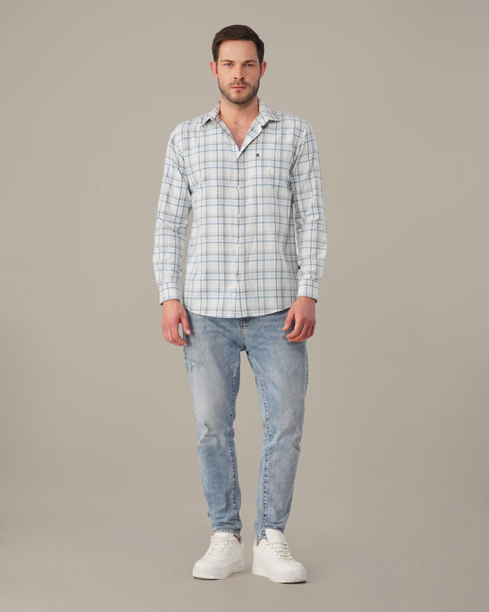 White and Light Blue Plaid 100% Cotton Slub Shirt