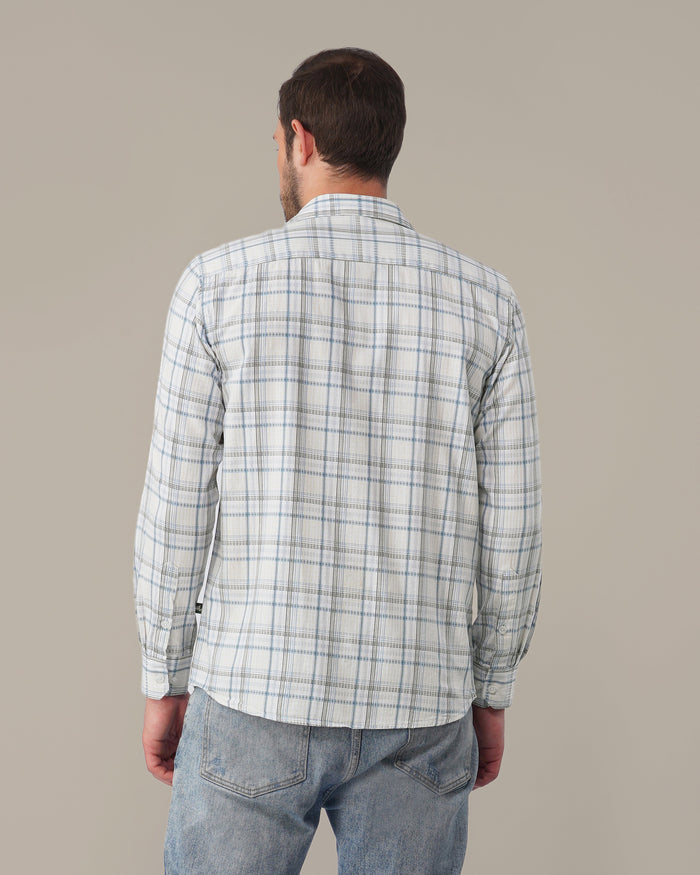 White and Light Blue Plaid 100% Cotton Slub Shirt
