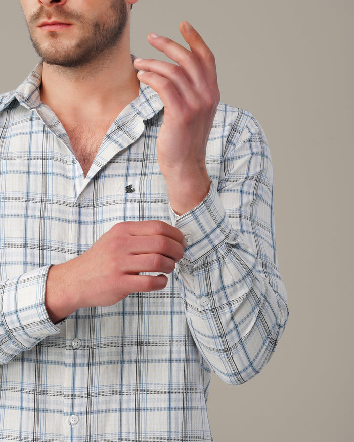White and Light Blue Plaid 100% Cotton Slub Shirt