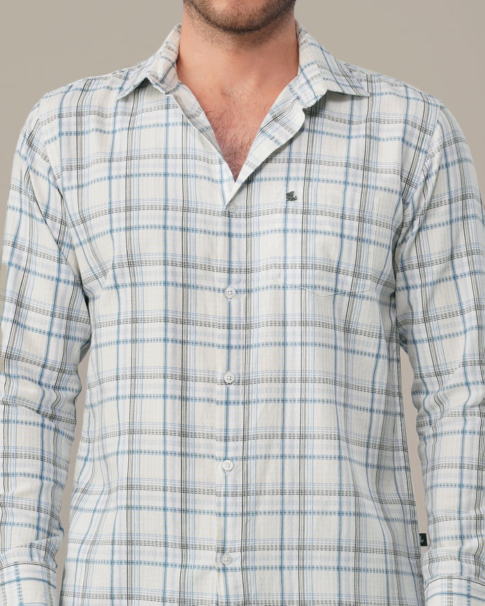 White and Light Blue Plaid 100% Cotton Slub Shirt