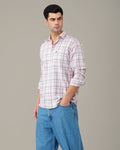 White and Pink Plaid 100% Cotton Slub Button-Up Shirt
