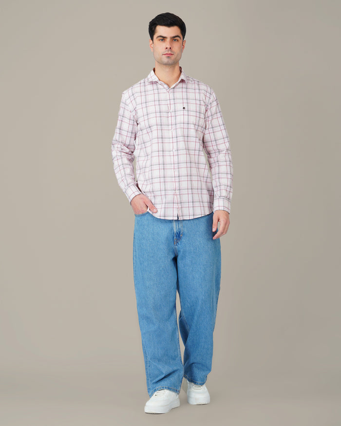 White and Pink Plaid 100% Cotton Slub Button-Up Shirt