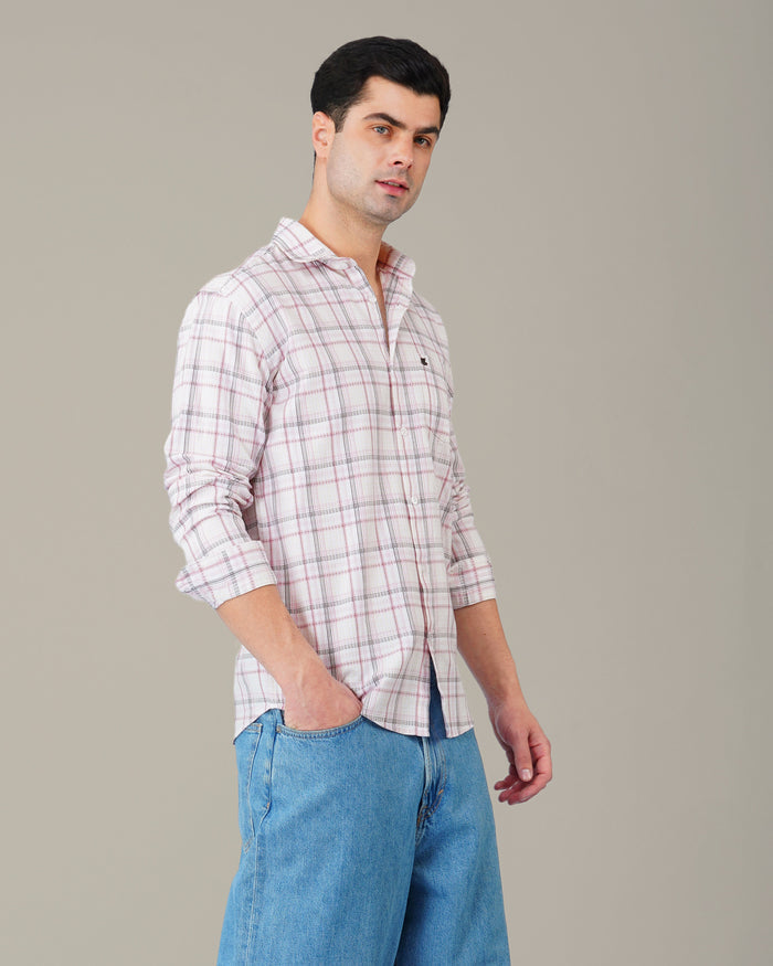 White and Pink Plaid 100% Cotton Slub Button-Up Shirt