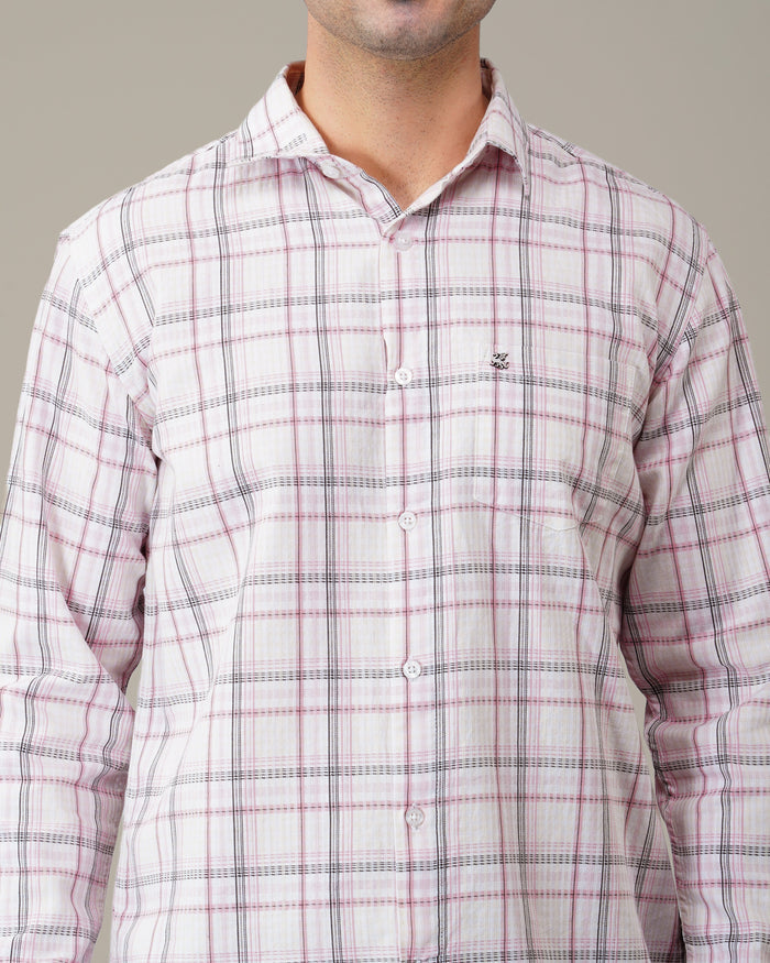 White and Pink Plaid 100% Cotton Slub Button-Up Shirt