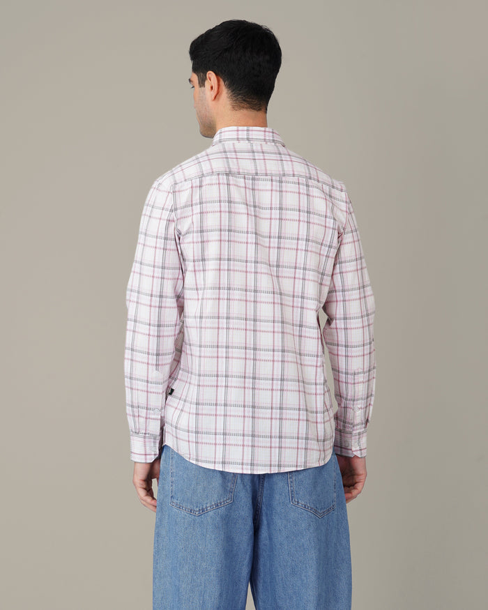 White and Pink Plaid 100% Cotton Slub Button-Up Shirt