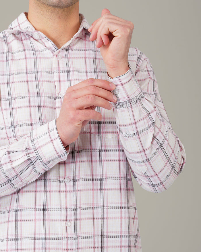 White and Pink Plaid 100% Cotton Slub Button-Up Shirt