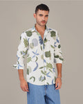 White Floral Print Soft Finish Slub Shirt